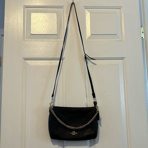 Coach Carrie Black Pebbled Leather Crossbody with Gold Chain